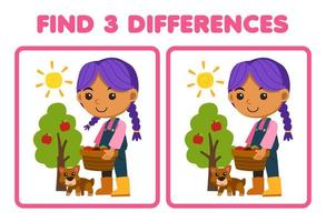 juego educativo para niños encuentra tres diferencias entre dos lindos granjeros de dibujos animados que llevan una canasta de frutas al lado de una hoja de trabajo imprimible de granja de perros