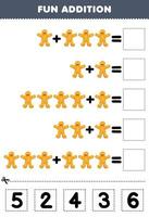 Education game for children fun addition by cut and match correct number for cartoon food gingerbread printable worksheet vector