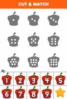 Educational game for kids count the dots on each silhouette and match them with the correct numbered red paprika vegetables printable worksheet vector