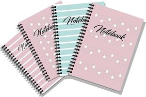 A group of school notebooks in pastel colors, some of them carry white stars with a pink background, and some of them have broad stripes with the word  notebook written on them. vector