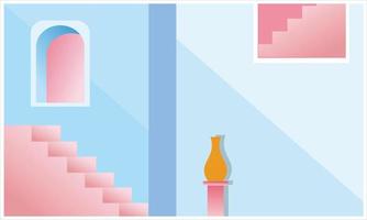 Modern wallpaper with room shapes with stairs and windows, room painting graphics and abstract background vector set. Geometric grid pattern clear presentation illustration banner