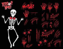 Set different skeleton ghost with blood splatter black background vector