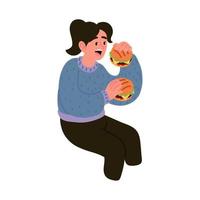mujer comiendo dos hamburguesas vector