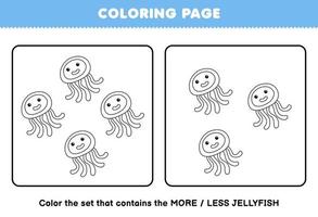 juego educativo para niños página para colorear más o menos imagen de dibujos animados lindo conjunto de arte lineal de medusas hoja de trabajo imprimible vector