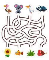 Maze puzzle game for children pair cute cartoon toucan lion sheep frog with the correct food printable worksheet vector