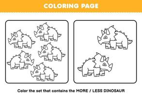 Education game for children coloring page more or less picture of cute cartoon prehistoric dinosaur triceratops line art set printable worksheet