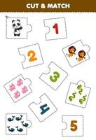 Education game for children cut piece of puzzle and match by number of cute cartoon panda lion snake pig beetle printable worksheet vector