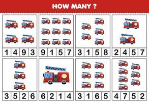Education game for children counting how many objects in each table of cartoon firetruck transportation vehicle printable worksheet vector