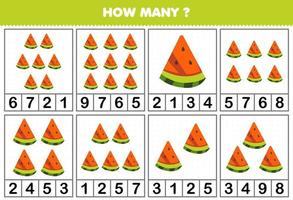 Education game for children counting how many objects in each table of cute cartoon watermelon slice fruit printable worksheet vector