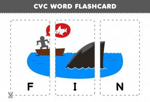juego educativo para niños que aprenden consonante vocal consonante palabra con linda caricatura ilustración de aleta de tiburón tarjeta flash imprimible vector