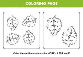 Education game for children coloring page more or less picture of cartoon kale vegetable line art set printable worksheet vector