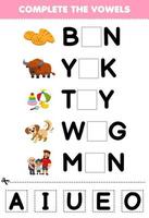 Education game for children complete the vowels of cute cartoon bun yak toy wag men illustration printable worksheet vector