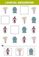 juego educativo para niños secuencias lógicas para niños con linda caricatura lápida zombie enfermera bruja imagen halloween hoja de trabajo imprimible vector
