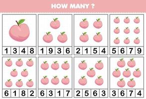 Education game for children counting how many objects in each table of cute cartoon peach fruit printable worksheet vector