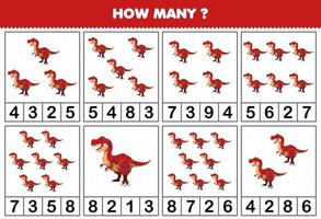 juego educativo para niños contando cuántos objetos en cada mesa de dibujos animados lindo dinosaurio prehistórico tiranosaurio hoja de trabajo imprimible vector