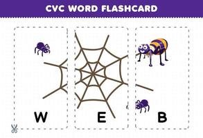 Education game for children learning consonant vowel consonant word with cute cartoon spider WEB illustration printable flashcard vector