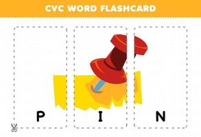 Education game for children learning consonant vowel consonant word with cute cartoon paper PIN illustration printable flashcard vector