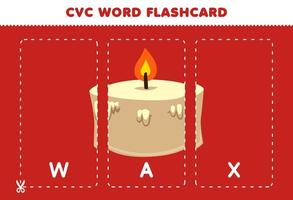 Education game for children learning consonant vowel consonant word with cute cartoon WAX candle illustration printable flashcard vector