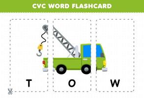 Education game for children learning consonant vowel consonant word with cute cartoon TOW truck illustration printable flashcard vector