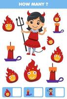 juego educativo para niños buscando y contando cuántos objetos de dibujos animados lindo fuego vela diablo niña disfraz halloween hoja de trabajo imprimible vector