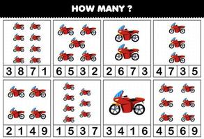 Education game for children counting how many objects in each table of cartoon motorbike transportation vehicle printable worksheet