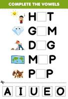 Education game for children complete the vowels of cute cartoon hot gem dig map pup illustration printable worksheet vector