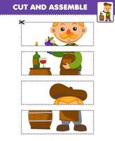 Education game for children cutting practice and assemble puzzle with cute cartoon winemaker carrying grape beside wooden barrel farm printable worksheet vector