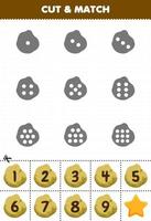 Educational game for kids count the dots on each silhouette and match them with the correct numbered potato vegetables printable worksheet vector