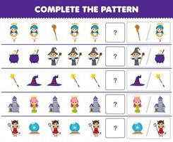 Education game for children complete the pattern by guess the correct picture of cute cartoon wizard queen angel devil girl costume halloween printable worksheet vector