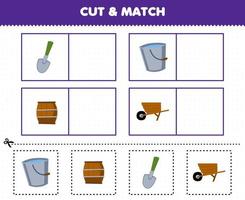 Education game for children cut and match the same picture of cute cartoon shovel bucket barrel wheelbarrow printable farm worksheet
