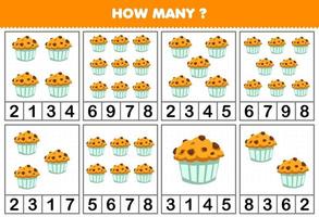 Education game for children counting how many objects in each table of cute cartoon muffin printable worksheet vector