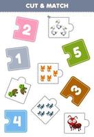 Education game for children cut piece of puzzle and match by number of cute cartoon ant turtle swan wolf cat printable worksheet vector