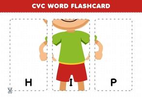 juego educativo para niños que aprenden consonante vocal consonante palabra con lindo niño de dibujos animados apuntando a la ilustración de la cintura de la cadera tarjeta flash imprimible vector