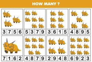 Education game for children counting how many objects in each table of cute cartoon prehistoric dinosaur xenoceratops printable worksheet vector