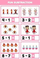 Education game for children fun subtraction by counting and eliminating cute cartoon candle fire voodoo doll spider potion bottle devil girl costume halloween printable worksheet vector