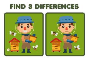 Education game for children find three differences between two cute cartoon honey farmer opening beehive farm printable worksheet