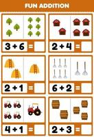 Education game for children fun addition by counting and sum of cute cartoon tree barn rake haystack tractor barrel printable farm worksheet vector