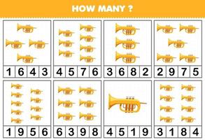 Education game for children counting how many objects in each table of cartoon music instrument trumpet printable worksheet vector
