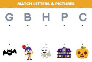 Education game for children match letters and pictures of cute cartoon bat clown ghost house pumpkin halloween printable worksheet vector