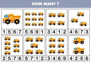Education game for children counting how many objects in each table of cartoon dump truck heavy machine transportation vehicle printable worksheet
