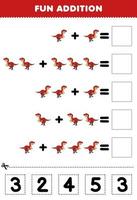 Education game for children fun addition by cut and match correct number for cute cartoon prehistoric dinosaur tyrannosaurus printable worksheet vector