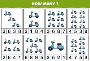 Education game for children counting how many objects in each table of cartoon scooter bike transportation vehicle printable worksheet vector