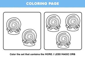 juego educativo para niños página para colorear más o menos imagen de dibujos animados lindo orbe mágico juego de arte lineal hoja de trabajo imprimible de halloween vector