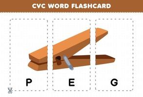 Education game for children learning consonant vowel consonant word with cute cartoon brown PEG illustration printable flashcard vector