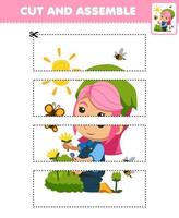 Education game for children cutting practice and assemble puzzle with cute cartoon florist picking flowers beside butterfly and bee farm printable worksheet vector