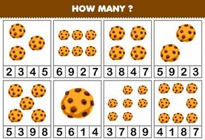Education game for children counting how many objects in each table of cute cartoon cookie printable worksheet vector