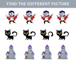 Education game for children find the different picture in each row of cute cartoon dracula costume black cat castle halloween printable worksheet vector