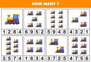 Education game for children counting how many objects in each table of cartoon train locomotive transportation vehicle printable worksheet vector