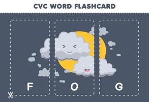 juego educativo para niños que aprenden consonante vocal consonante palabra con linda caricatura ilustración de niebla tarjeta flash imprimible vector