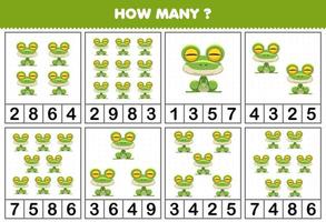 Education game for children counting how many objects in each table of cute cartoon frog animal printable worksheet vector